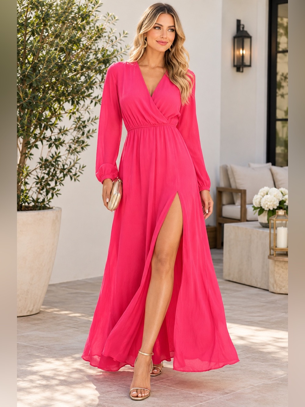 Lulu's Hot Pink Long Sleeve Wrap Maxi Dress with High Slit size XS NWT